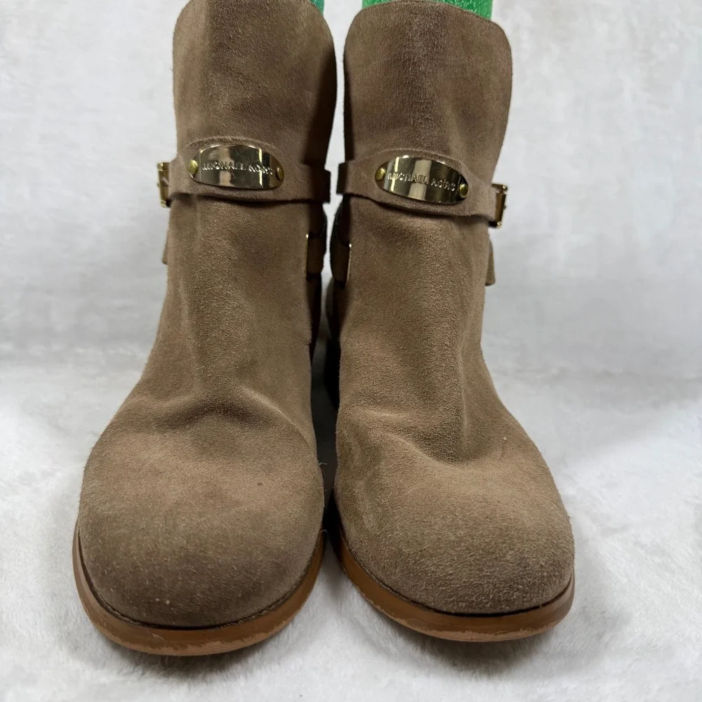 Michael Kors Womens Taupe Suede Buckle Ankle Boots Gold Logo Plate 7.5